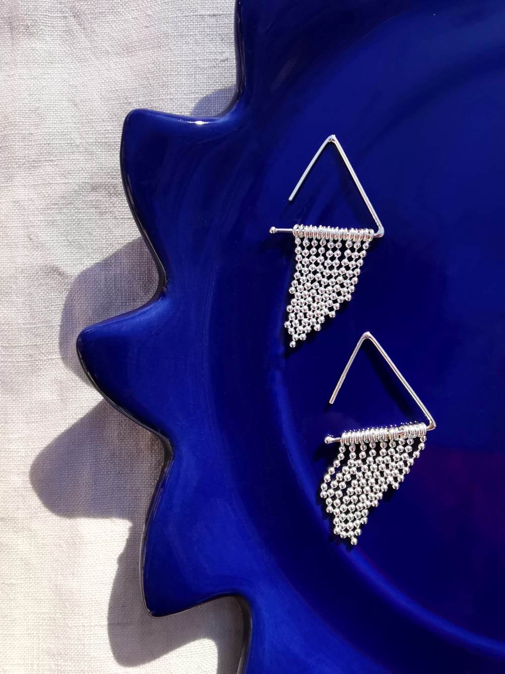 boucle d oreille chaine, forme triangle en argent 925