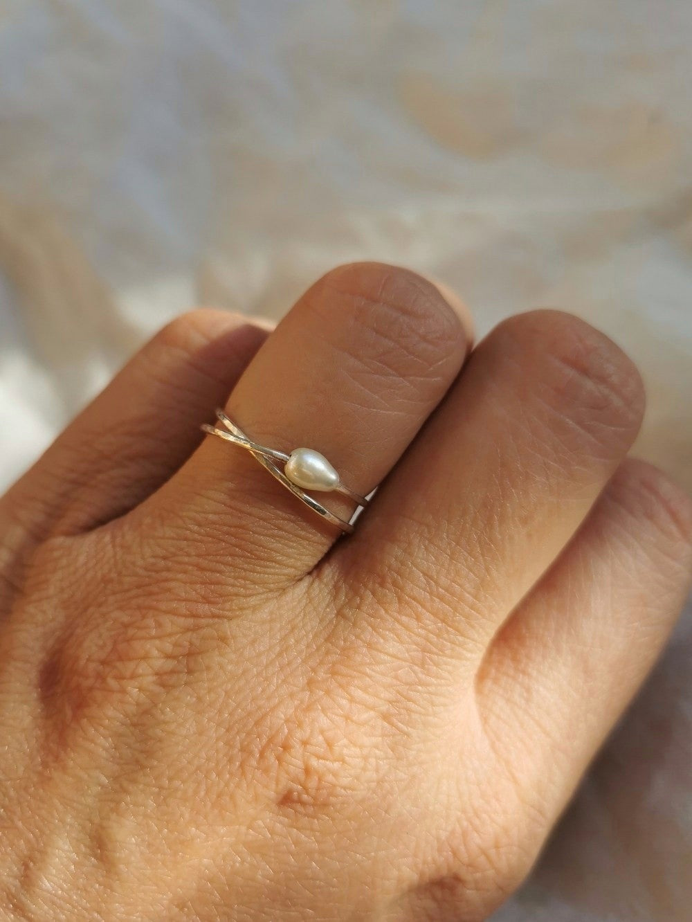 Bague perle, bague perle fine originale en argent recyclé