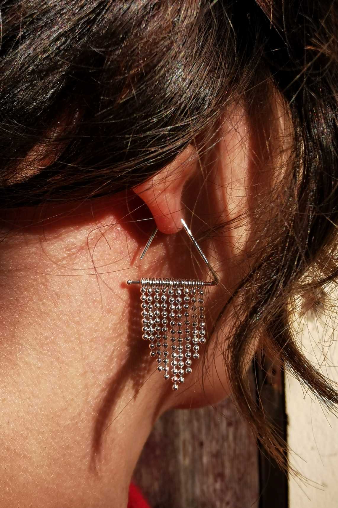 Boucles d'oreille chaine portée, forme triangulaire, originales et géométriques. Marque PROMISES